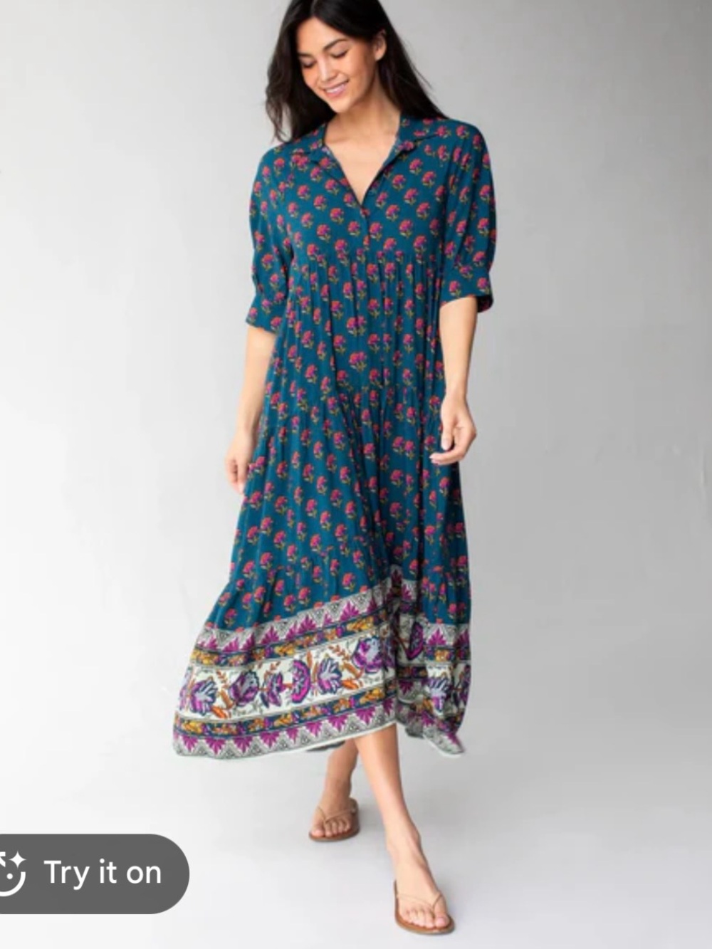 Natural Life Rebecca Midi Dress Navy Pink Roses Border Short Sleeves Cottagecore